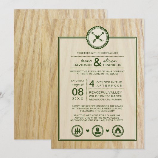 Woodsy Wedding & Glamping Invitation Kaart (Voorkant / Achterkant)
