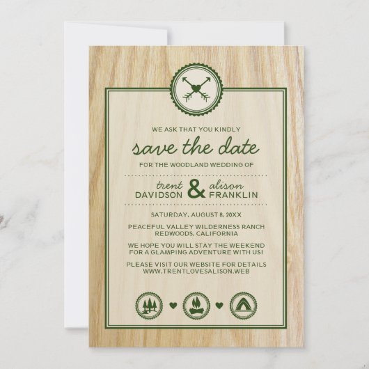 Woodsy Wedding & Glamping Save the Dates Date (Voorkant)