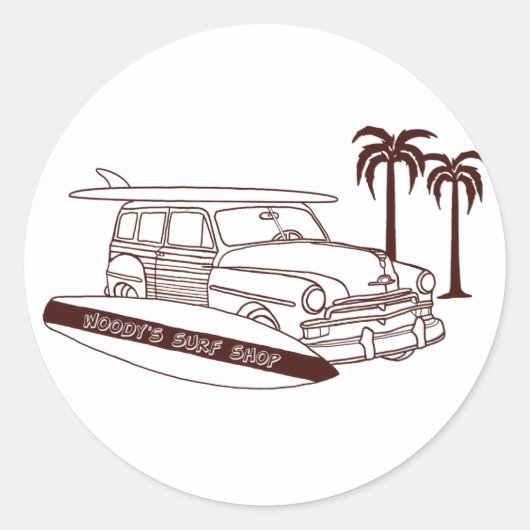Woody's Surf Shop Ronde Sticker (Voorkant)