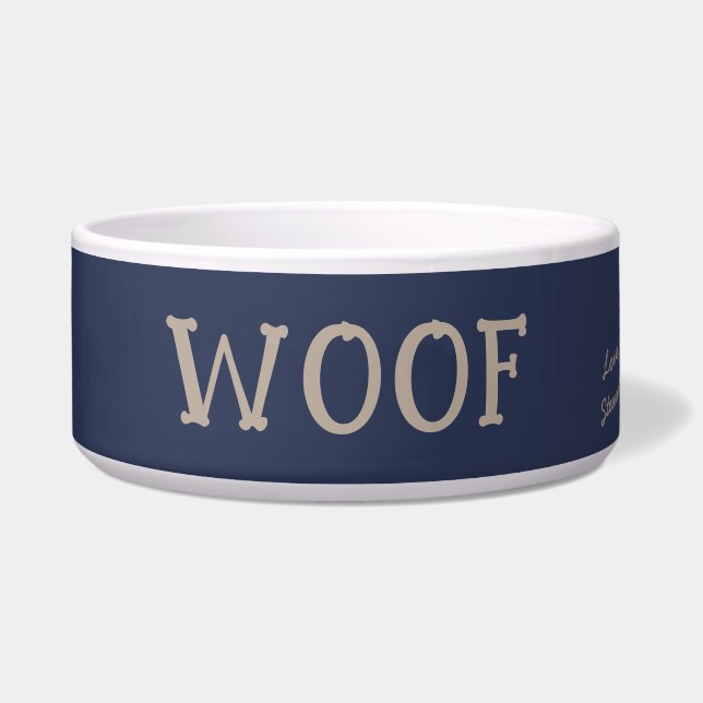 Woof Leuke Typografie Navy Blue Gepersonaliseerde  Voerbakje (Voorkant)