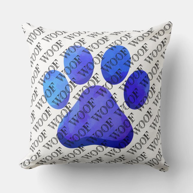 WOOF Typografie Blauwe Poot Print Moderne Hond Pet Kussen (Voorkant)