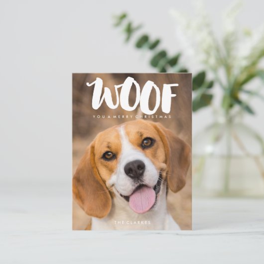 WOOF U een vrolijk kerstfeest | Hondenfoto Feestdagenkaart (Staand voorkant)