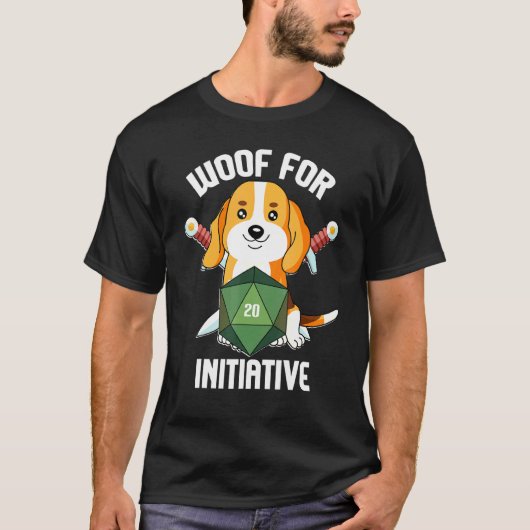 Woof voor Initiatief Beagle D20 RPG Dungeons en Do T-shirt (Voorkant)