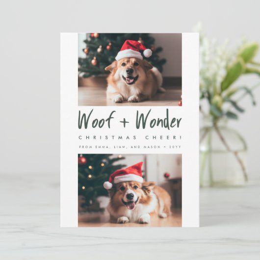 Woof + Wonder Cheer Grappig Huisdier Hond Foto Ker Feestdagenkaart (Staand voorkant)