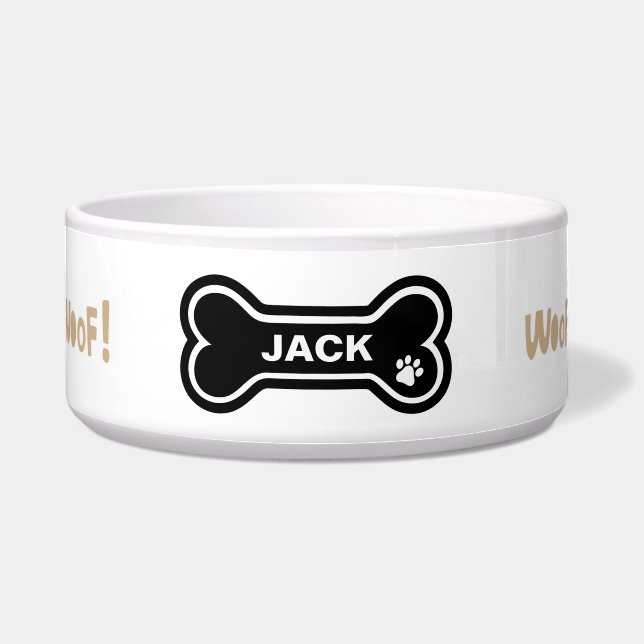 Woof, Woof Paw Print en Hart Gepersonaliseerde Hon Voerbakje (Voorkant)