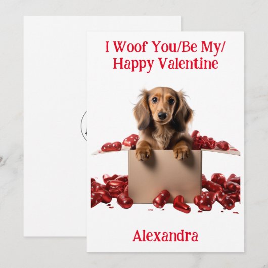 Woof You/Be My/Happy Valentijn Dachshund Puppy Feestdagenkaart (Voorkant / Achterkant)