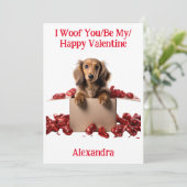 Woof You/Be My/Happy Valentijn Dachshund Puppy Feestdagenkaart (Staand voorkant)
