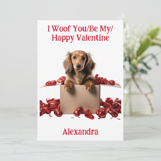 Woof You/Be My/Happy Valentijn Dachshund Puppy Feestdagenkaart (Staand voorkant)