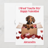 Woof You/Be My/Happy Valentijn Dachshund Puppy Feestdagenkaart (Voorkant / Achterkant)