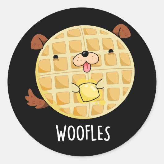 Woofles Funny Doggy Waffle Pun Dark BG Ronde Sticker (Voorkant)