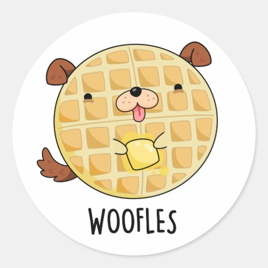 Woofles Funny Doggy Waffle Pun Ronde Sticker (Voorkant)
