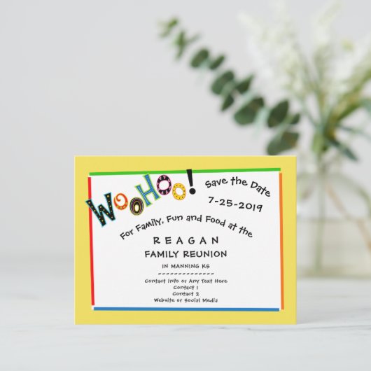 Woohoo klinkt als een leuk reüniefeest om de datum aankondigingskaart (Staand voorkant)