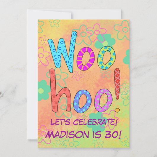 WooHoo Word Art Oranje 30th Birthday Invitation Kaart (Voorkant)