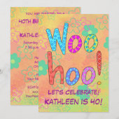 WooHoo Word Art Oranje 40th Birthday Invitation Kaart (Voorkant / Achterkant)