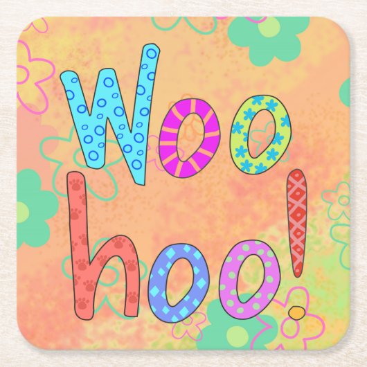 WooHoo Word Tex Art Graphic Sinaasappel Kartonnen Onderzetters (Voorkant)