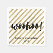Woohoo | Zwarte en Faux Gold Stripe Afstuderen Servetten (Voorkant)
