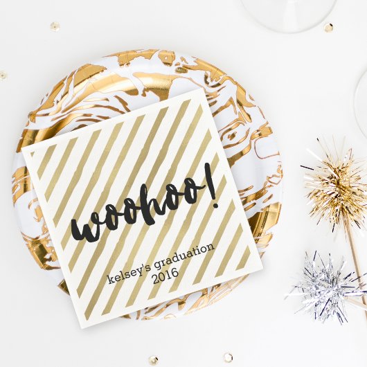 Woohoo | Zwarte en Faux Gold Stripe Afstuderen Servetten