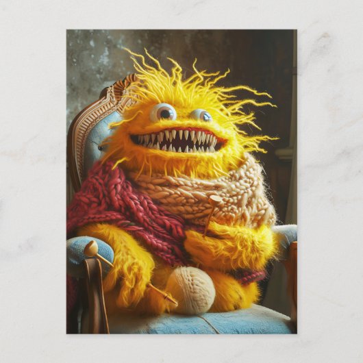 Wool monster crocheting in a chair. Funny Briefkaart (Voorkant)