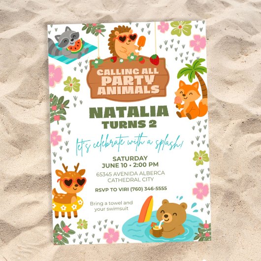 Wooldand Creatures Pool Party Animals Invitation Kaart