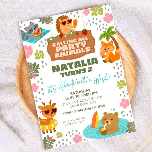 Wooldand Creatures Pool Party Animals Invitation Kaart