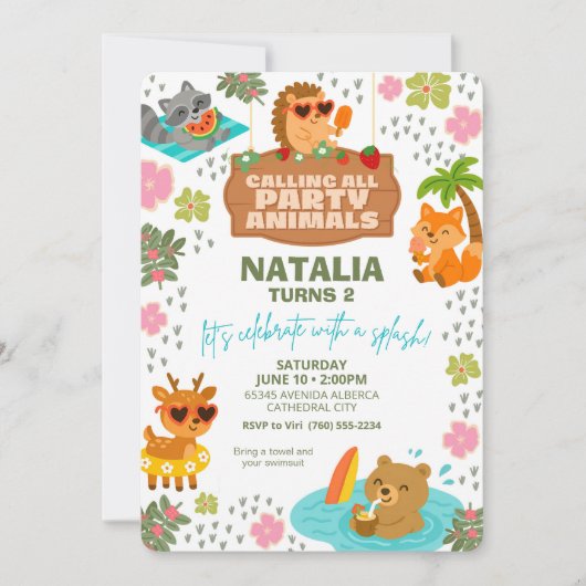 Wooldand Creatures Pool Party Animals Invitation Kaart (Voorkant)