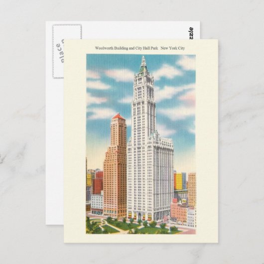  Woolworth Bldg en City Hall Park Briefkaart (Voorkant / Achterkant)