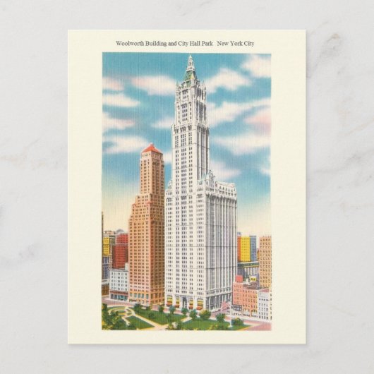 Woolworth Bldg en City Hall Park Briefkaart (Voorkant)