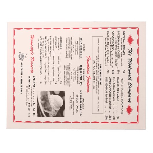 Woolworth Menu Note Pad Notitieblok (Voorkant)