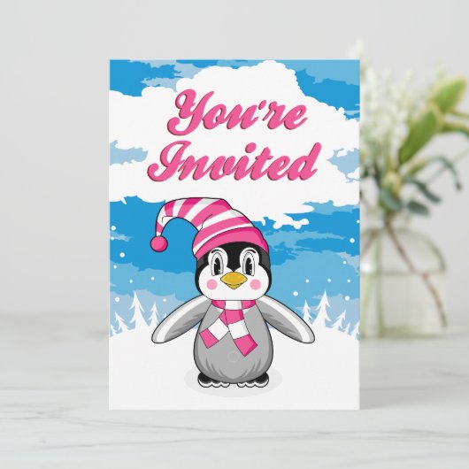 Wooly Pet Penguin Party Invite Kaart (Staand voorkant)