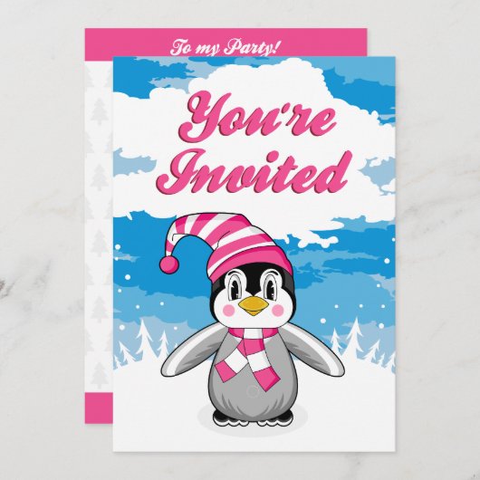 Wooly Pet Penguin Party Invite Kaart (Voorkant / Achterkant)