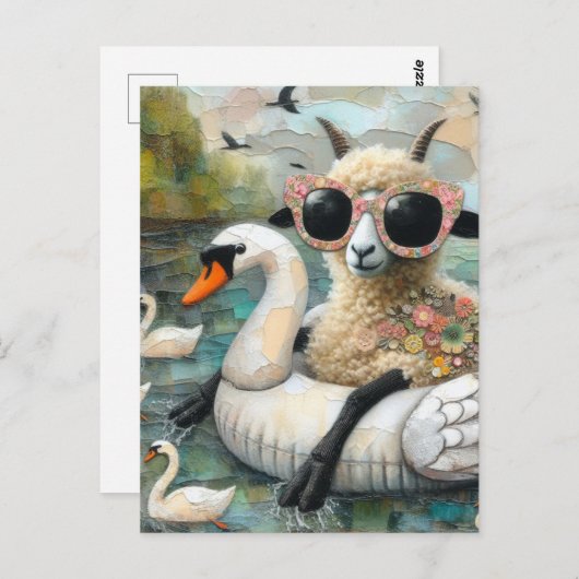 Wooly Sheep houdt van Drijven in een meer met zwan Briefkaart (Voorkant / Achterkant)