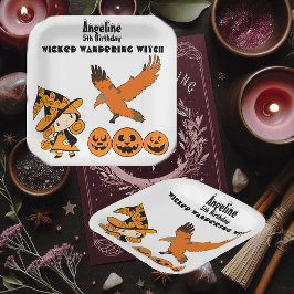 Woonde Wandering Witch Halloween Pumpkins Birthday Papieren Bordje
