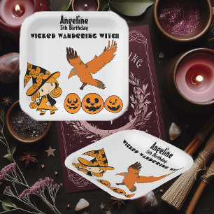 Woonde Wandering Witch Halloween Pumpkins Birthday Papieren Bordje
