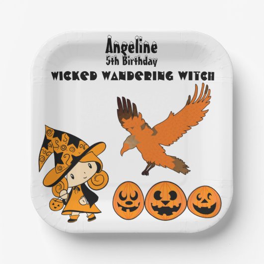 Woonde Wandering Witch Halloween Pumpkins Birthday Papieren Bordje (Voorkant)