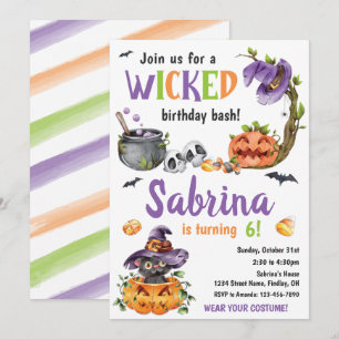 Woonde Witch Cat Halloween Birthday Party, elke le Kaart