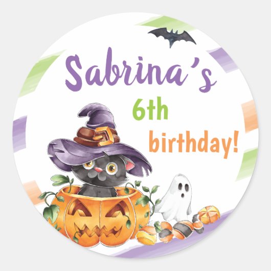 Woonde Witch Cat Halloween Birthday Party, elke le Ronde Sticker (Voorkant)