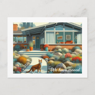 Woonhuis in Mid Century Modern stijl met kat  Aankondigingskaart