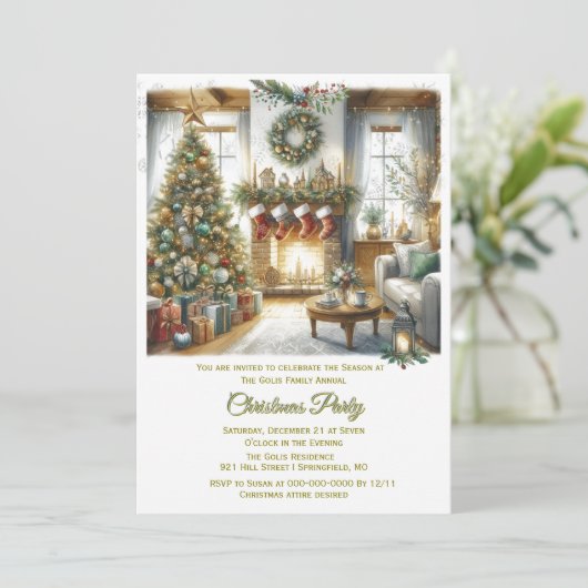 Woonkamer en kerstboomfeest kaart (Staand voorkant)