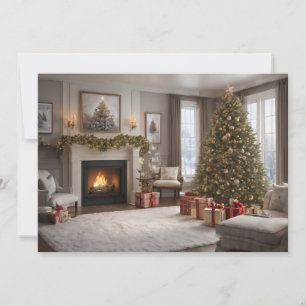 Woonkamer in vintage stijl met kerstboom feestdagenkaart