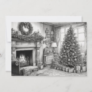 Woonkamer in vintage stijl met kerstboom feestdagenkaart