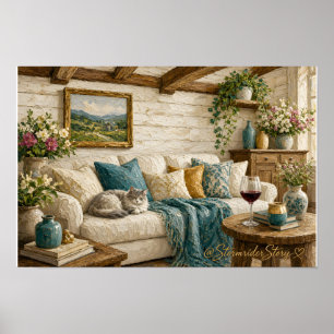 Woonkamer van cottage kat muurkunst afdruk poster