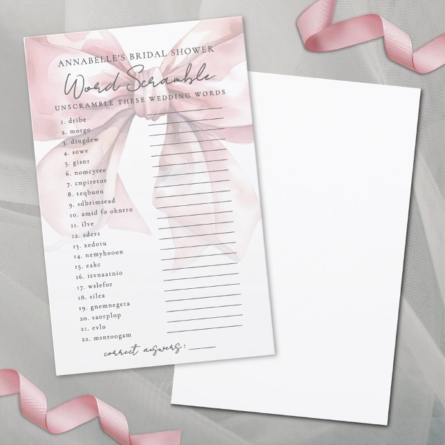 Woord Door Elkaar Blush Roze Strik Bruidsfeest Spe (Word Scramble Blush Pink Bow Bridal Shower Game)