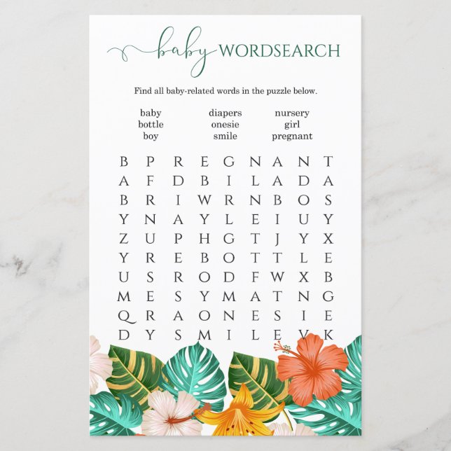 Woord Zoeken Tropisch Bloemen Baby shower Spel (Voorkant)