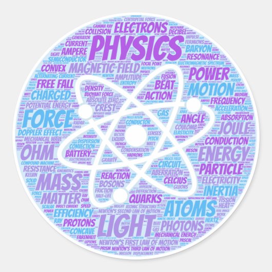 Woordcloud voor natuurkunde ronde sticker (Voorkant)