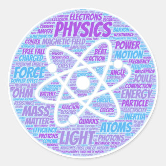 Woordcloud voor natuurkunde ronde sticker