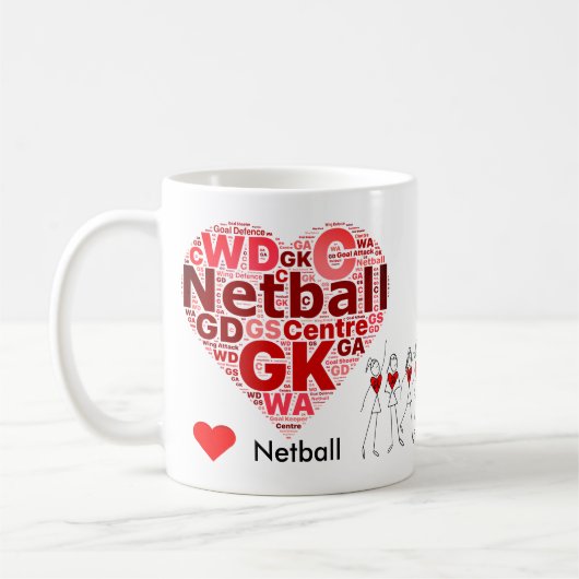 Woordcloud voor netball-posities koffiemok (Links)