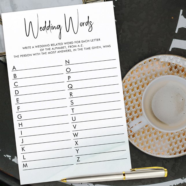 Woorden A t/m Z Vrijgezellenfeest Game Green Wash (Bridal shower word game - list wedding related words beginning with each letter of  the alphabet)