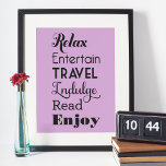 Woorden bij pensionering | Zwarte Typografie Poster<br><div class="desc">Het poster van de printontwerp van de cadeauwand van de wieg van de afkorting Retirement bevat woorden die RETIRE in stijlvol zwart type spellen: "Relax, Entertain, Travel, Indulge, Read, Geniet" met de tekst "Wishing you a very Happy pensionering". Gebruik de functie "Aanpassen" om de lichte paarse / violetachtergrondkleur te wijzigen....</div>