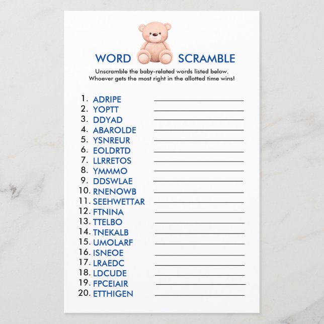 Woorden Scramble | Teddy Bear Baby Jongen Douche S (Voorkant)