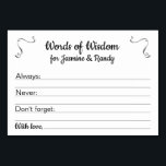 Woorden van Wijsheid Huwelijk Advies Kaarten geper<br><div class="desc">Deze lieveling gepersonaliseerde advies kaarten zal de perfecte aanvulling op uw bruiloft receptie of bruids / koppels douche. Dit ontwerp is voorzien van een combinatie van zwarte lettertypen en stalen grijze accenten. Op de kaart is er ruimte voor gasten om hun advies achter te laten met betrekking tot zaken als...</div>